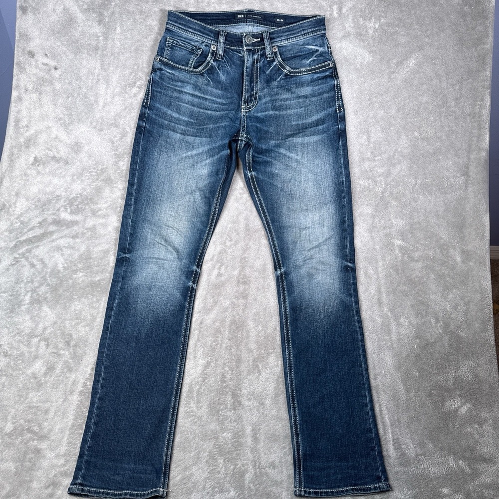 BKE Jake Straight Leg Jeans Men 30x34 Blue Dark Wash Stretch Embroidered